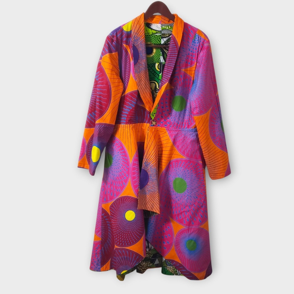 African Java Wax Print Reversible Trench Coat Green Pink Geometric Large